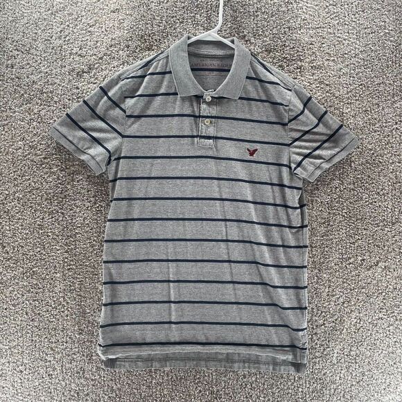 American Eagle Polo Shirt Mens Medium Gray Striped Cotton Preppy Casual Logo - Picture 1 of 11